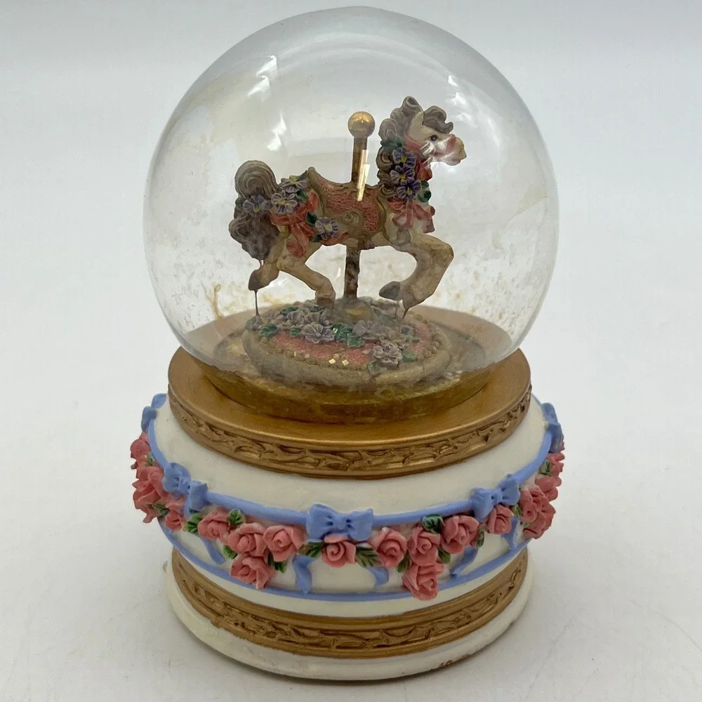 San Francisco Music Box Company Carousel Horse Snow Globe Floral Rose Vintage